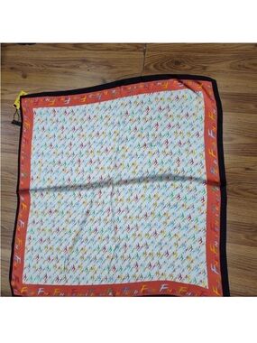 Fendi Multicolor Logo Silk Square Scarf with Red Border